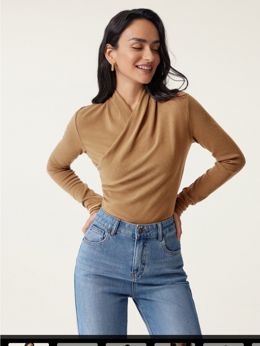 Draped Long-Sleeve Top in Camel
